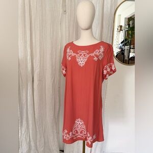 Coral Pink and White Embroidered Shirt Dress